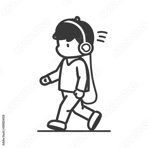 little boy walking listening to headset minimalist line art icon logo symbol