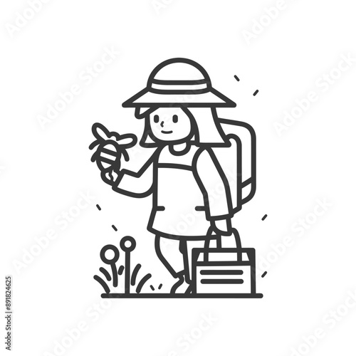 little girl beekeeper in action minimalist line art icon logo symbol