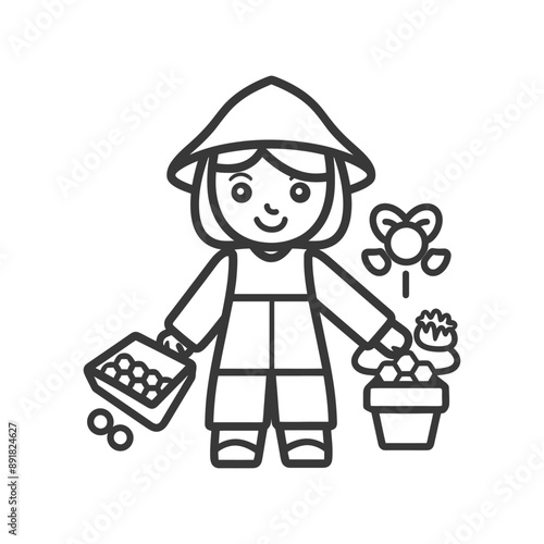 little girl beekeeper in action minimalist line art icon logo symbol