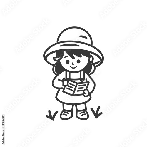 little girl beekeeper in action minimalist line art icon logo symbol