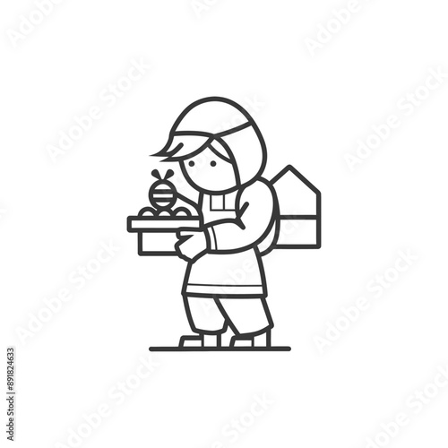 little girl beekeeper in action minimalist line art icon logo symbol