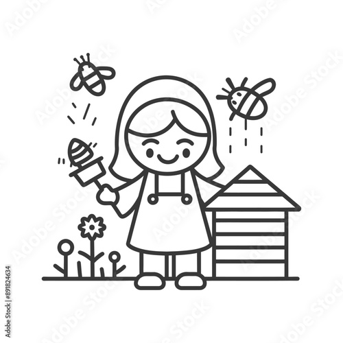 little girl beekeeper in action minimalist line art icon logo symbol