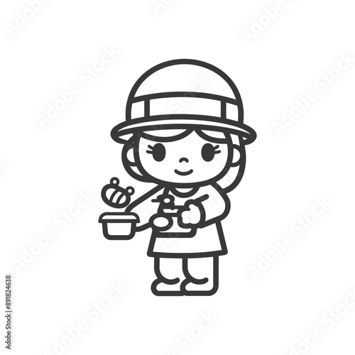 little girl beekeeper in action minimalist line art icon logo symbol