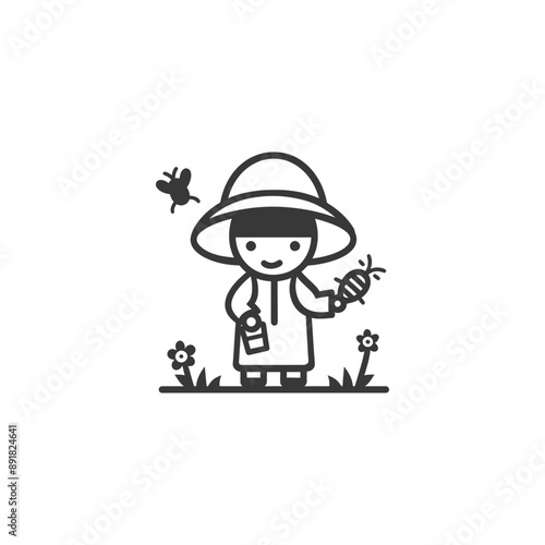 little girl beekeeper in action minimalist line art icon logo symbol