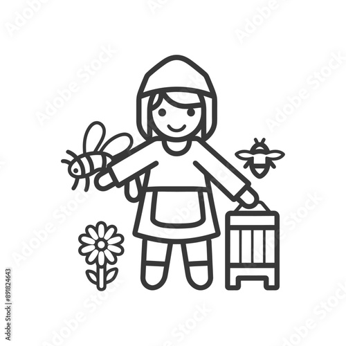 little girl beekeeper in action minimalist line art icon logo symbol