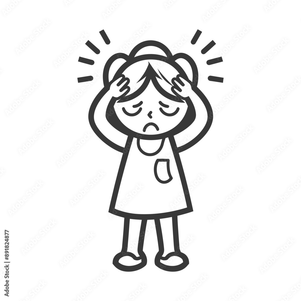 little girl holding headache in pain minimalist line art icon logo symbol little girl holding headache in pain minimalist line art icon logo symbol