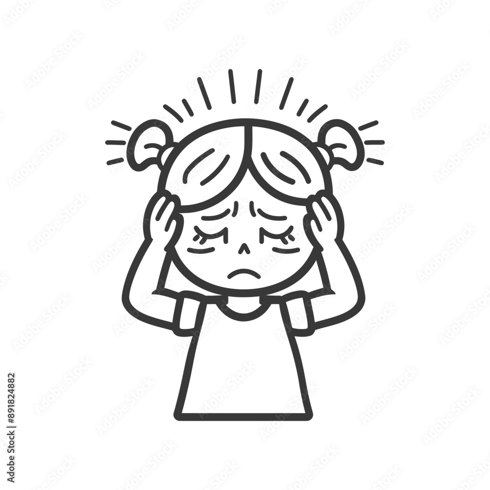 little girl holding headache in pain minimalist line art icon logo symbol little girl holding headache in pain minimalist line art icon logo symbol