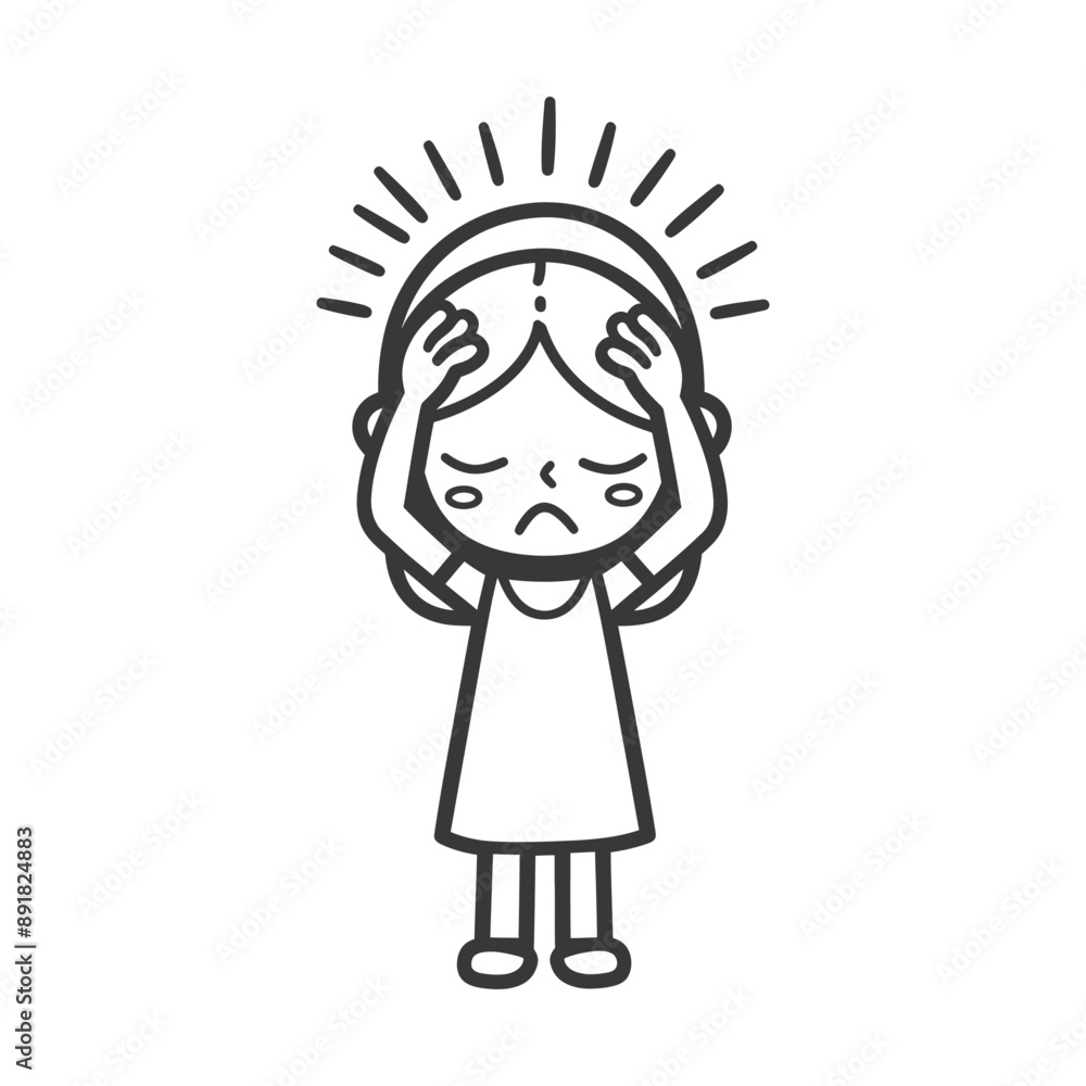 little girl holding headache in pain minimalist line art icon logo symbol little girl holding headache in pain minimalist line art icon logo symbol