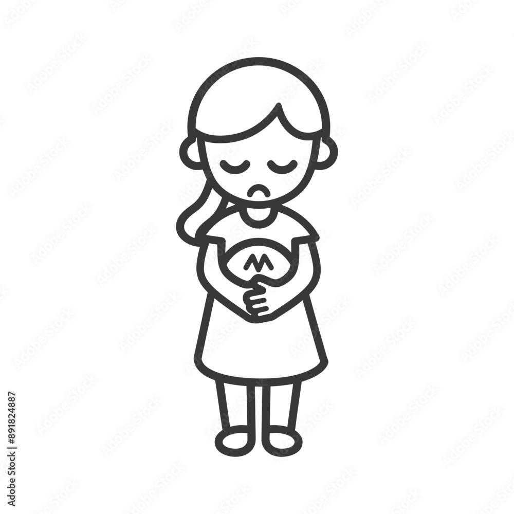 little girl holding stomach in pain minimalist line art icon logo symbol little girl holding stomach in pain minimalist line art icon logo symbol