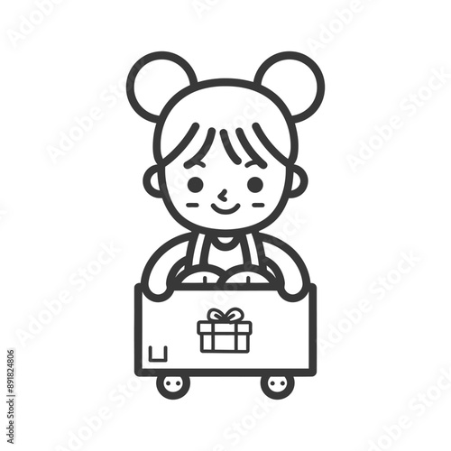 little girl carry goods in loader box minimalist line art icon logo symbol