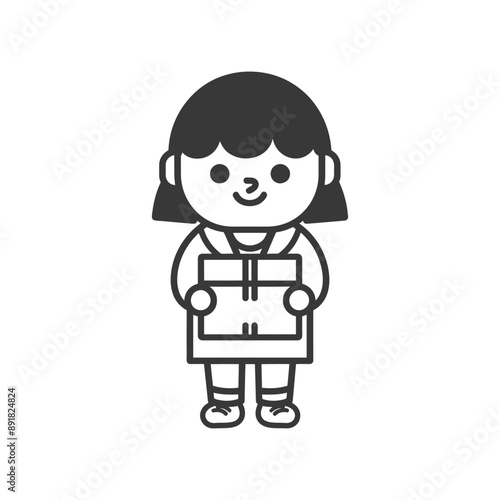 little girl carry goods in loader box minimalist line art icon logo symbol