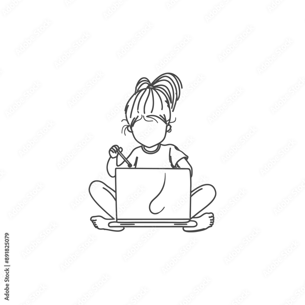 little girl playing on laptop minimalist line art icon logo symbol little girl playing on laptop minimalist line art icon logo symbol