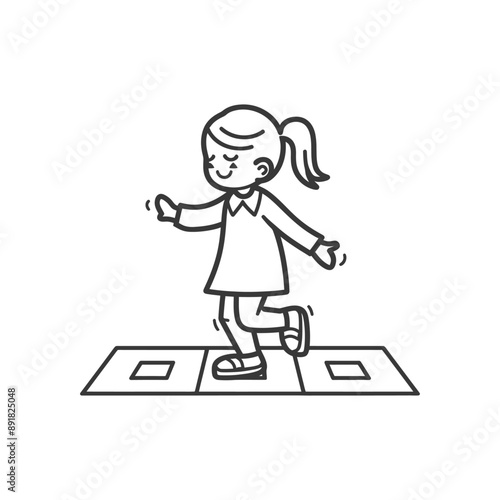little girl playing hopscotch game minimalist line art icon logo symbol