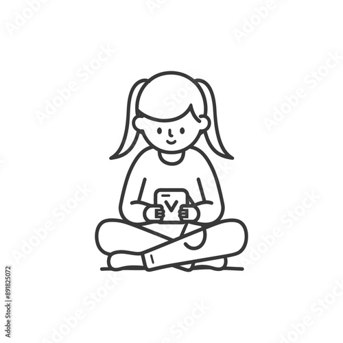 little girl playing smartphone minimalist line art icon logo symbol