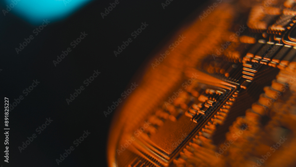 Close up of spinning gold bitcoin coin. Digital cryptocurrency virtual money. Blockchain modern technology. P2P BTC crypto trading. Peer-to-peer payment system. Finance, investment and E-commerce. Close up of spinning gold bitcoin coin. Digital cryptocurrency virtual money. Blockchain modern technology. P2P BTC crypto trading. Peer-to-peer payment system. Finance, investment and E-commerce.