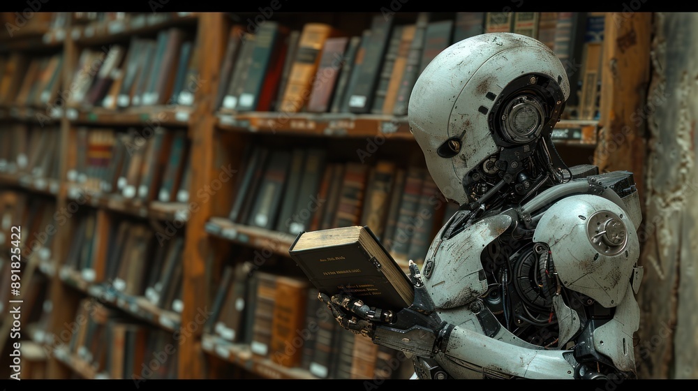 Robot Reading in Antique Library - A futuristic robot engrossed in reading a book in an antique library, blending technology with classic literature. Robot Reading in Antique Library - A futuristic robot engrossed in reading a book in an antique library, blending technology with classic literature.