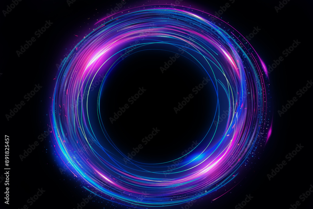 Airy digital neon blue, purple and pink tech circle on dark background. Science, futuristic digital technologies concept. Airy digital neon blue, purple and pink tech circle on dark background. Science, futuristic digital technologies concept.