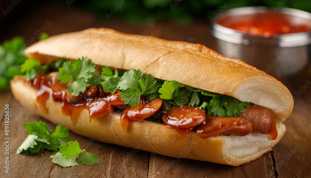 Banh Mi sandwich with spicy sausage, cilantro, hoisin sauce. Vietnamese cuisine. Tasty food. Banh Mi sandwich with spicy sausage, cilantro, hoisin sauce. Vietnamese cuisine. Tasty food.
