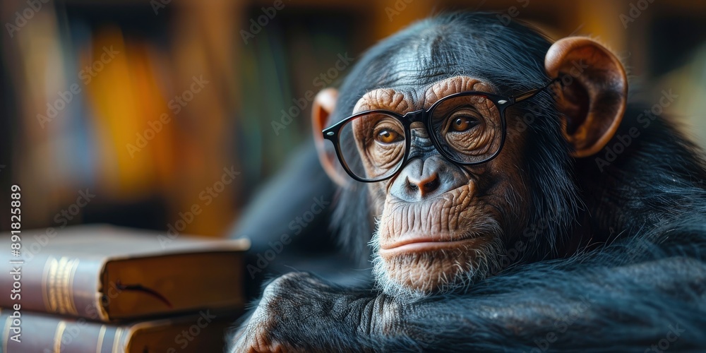 Intelligent Chimpanzee with Glasses and Books Intelligent Chimpanzee with Glasses and Books