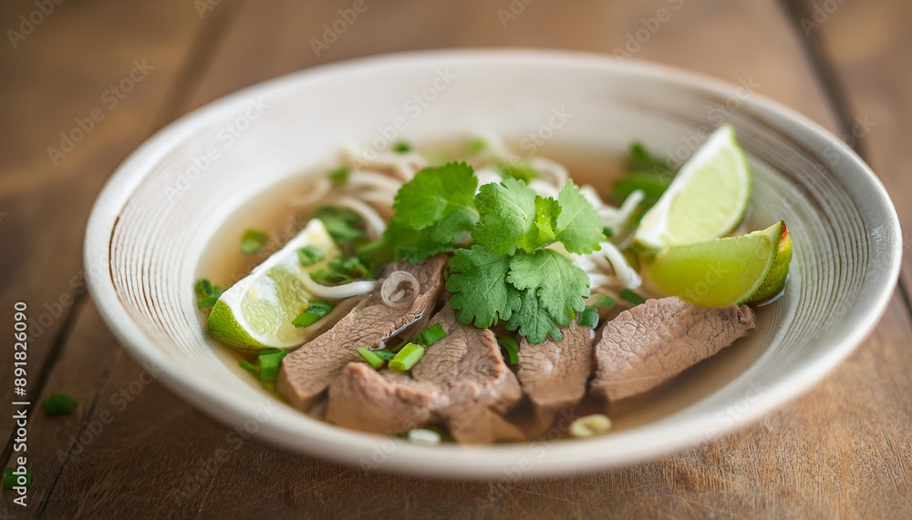 Bowl of Pho with beef, fresh herbs and lime wedges on wooden table. Vietnamese cuisine. Tasty food. Bowl of Pho with beef, fresh herbs and lime wedges on wooden table. Vietnamese cuisine. Tasty food.