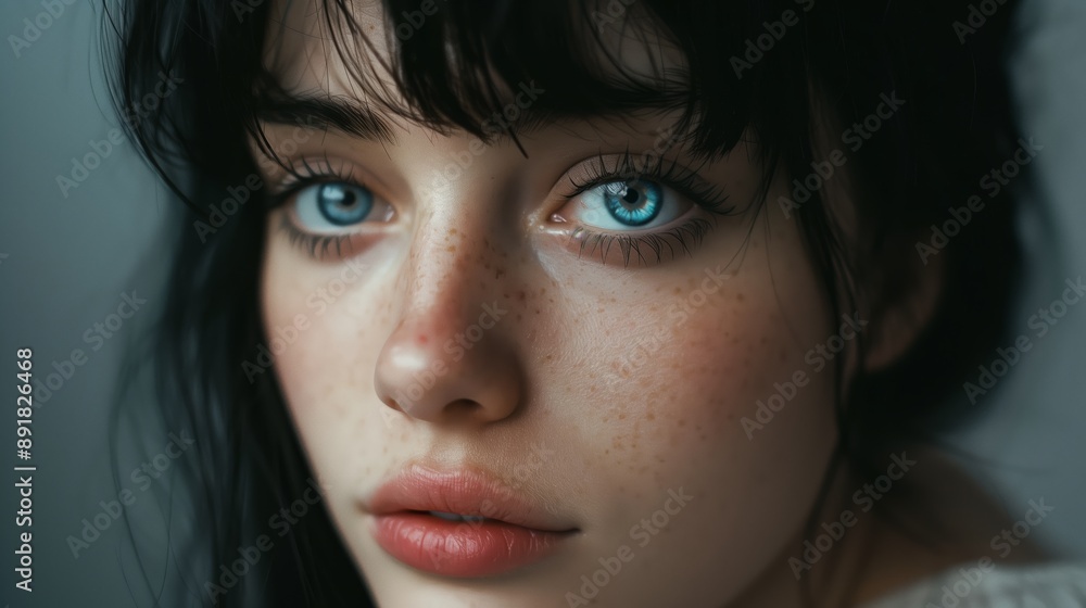 a woman with blue eyes and black hair a woman with blue eyes and black hair