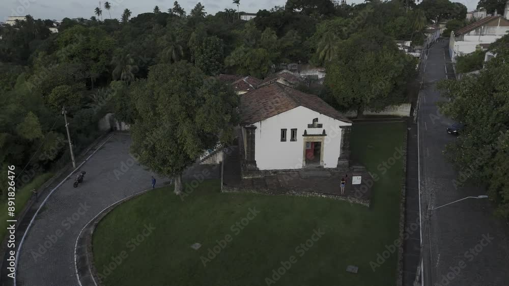 Drone flies in front of Parque Cultural Casa da Pólvora in Joao Pessoa, Brazil Drone flies in front of Parque Cultural Casa da Pólvora in Joao Pessoa, Brazil
