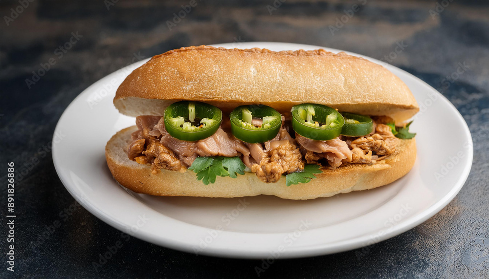 Banh Mi sandwich with roasted pork, pate and fresh jalapenos. Vietnamese cuisine. Tasty food. Banh Mi sandwich with roasted pork, pate and fresh jalapenos. Vietnamese cuisine. Tasty food.
