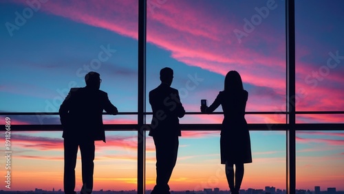 Three Silhouettes Looking Out at Sunset From a High-Rise Window