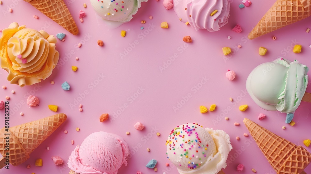 Various ice creams arranged in a frame on a pastel background Various ice creams arranged in a frame on a pastel background
