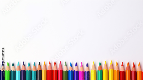 Color pencils isolated on white. Color pencils background. Pencils frame with copy space. Colorful pencils laidout in a row.