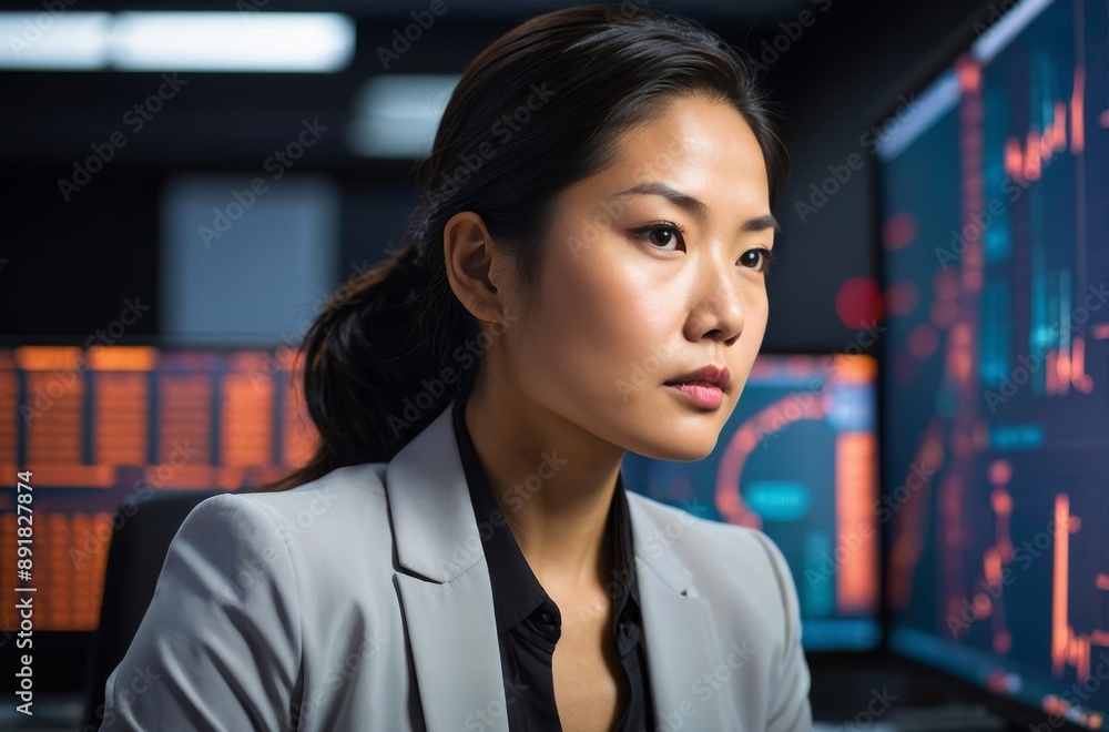 Obraz premium Young businesswoman in blazer looking concentrated at computer screen with charts and graphs displayed
