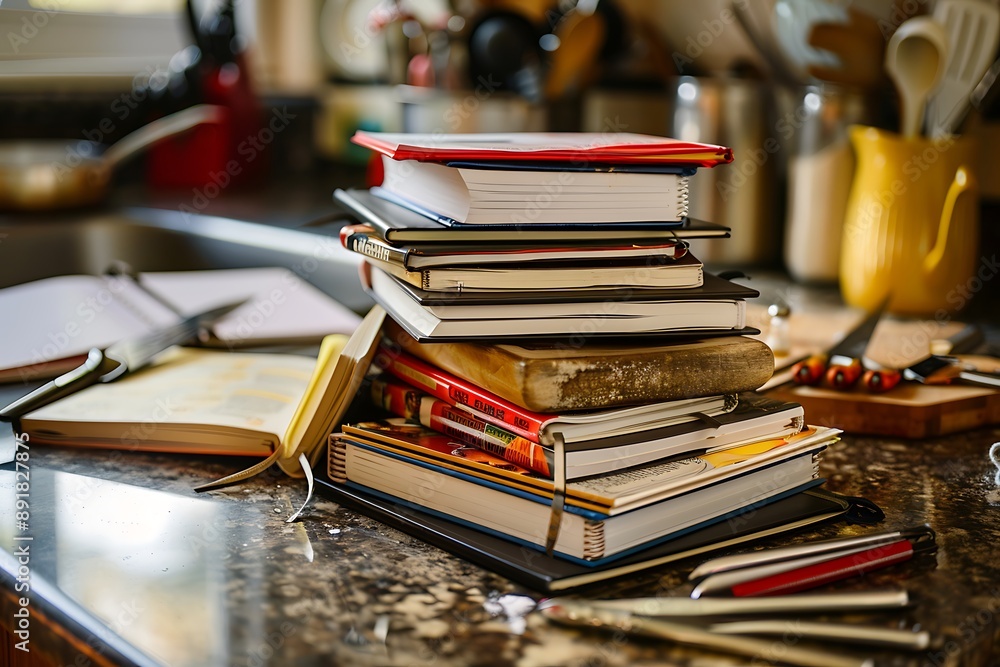 Obraz premium A stack of cookbooks and recipe notebooks, with cooking utensils scattered around on a kitchen counter.