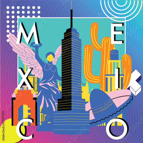 Typography word "Mexico City" branding technology concept. Collection of flat vector web icons, culture travel set, famous architectures and specialties detailed silhouette. Mexican famous landmark.