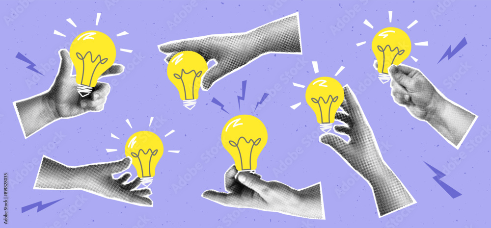 Collage with set of halftone hands and light bulbs. Creative idea generation or brainstorm concept vector pop art retro style illustration. design element for infographic, poster, website