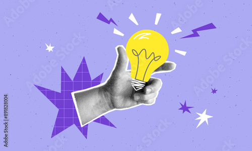 Collage with halftone hand and light bulb. Creative idea generation or brainstorm concept vector pop art retro style illustration. design element for infographic, poster, website