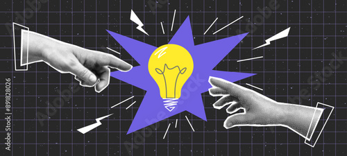 Collage with halftone hands and light bulb. Creative idea generation or brainstorm concept vector pop art retro style illustration. design element for infographic, poster, website