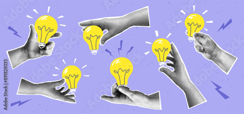 Collage with set of halftone hands and light bulbs. Creative idea generation or brainstorm concept vector pop art retro style illustration. design element for infographic, poster, website
