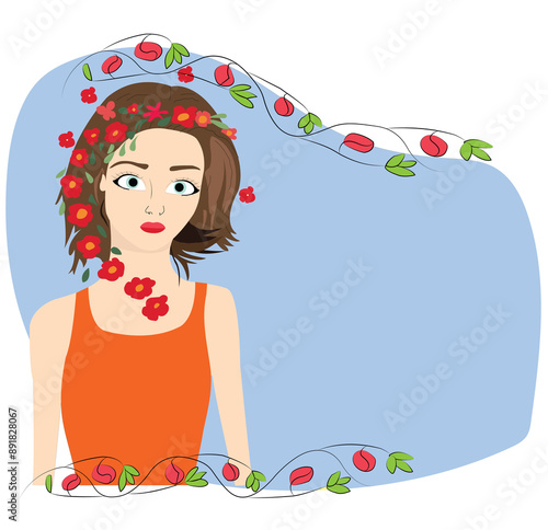 Label with beautifull woman and flowery border photo