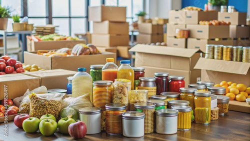 Assorted foods and groceries stacked on tables, with open boxes and packing supplies nearby, awaiting assembly for charity or food bank donation distribution.