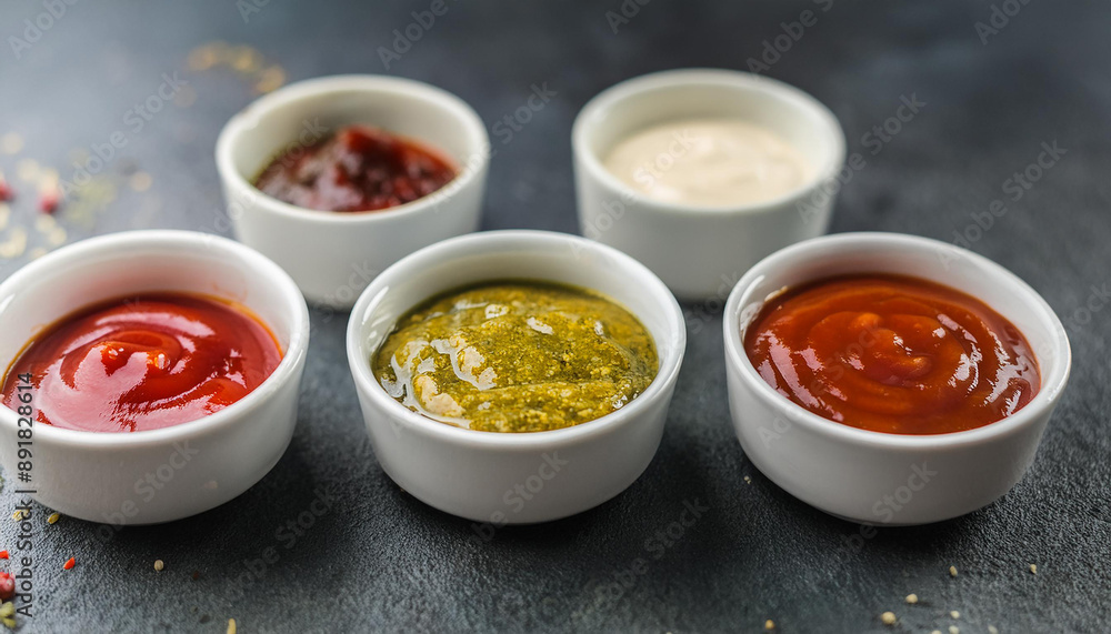Flavorful sauces in white porcelain bowls on dark stone background. Homemade sauces for food. Flavorful sauces in white porcelain bowls on dark stone background. Homemade sauces for food.