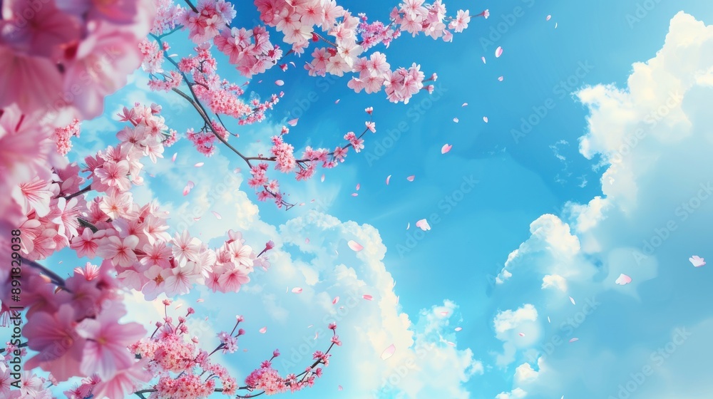 Cherry Blossom Branches Against Blue Sky with Falling Petals Cherry Blossom Branches Against Blue Sky with Falling Petals