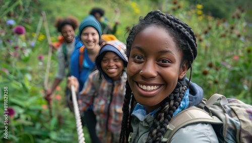 A diverse group of friends, including one person with braided hair and dark skin wearing hiking gear