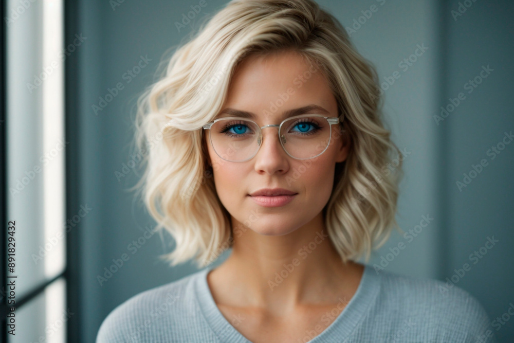 mujer joven sonrisa leve de lentes ojos celestes mujer joven sonrisa leve de lentes ojos celestes