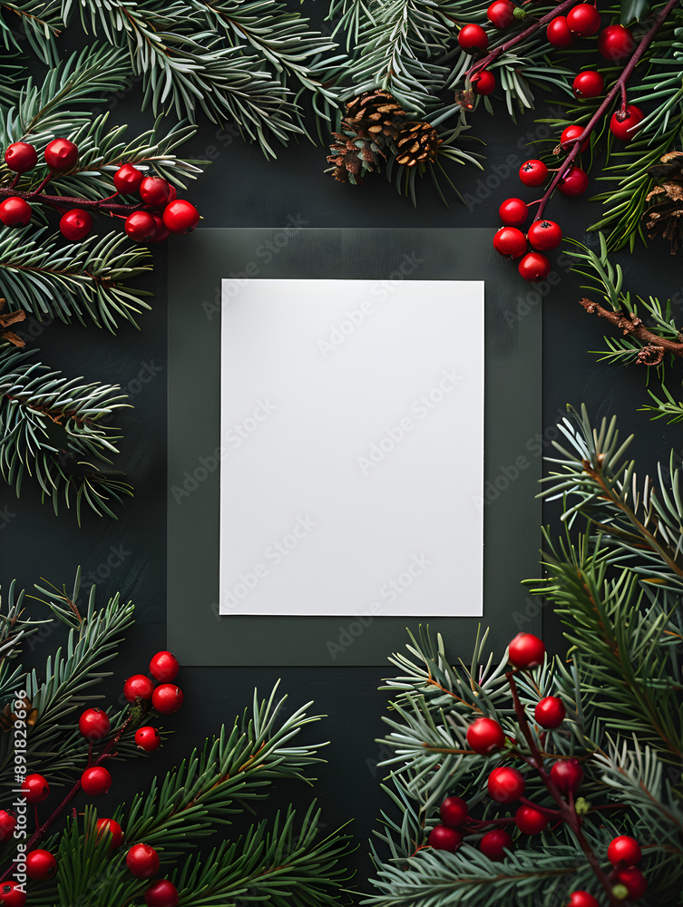 A festive Christmas and New Year empty paper blank surrounded by fir branches, red berries and pinecones. Merry Christmas text mock up. Colorful decorations around white paper. Flat lay. A festive Christmas and New Year empty paper blank surrounded by fir branches, red berries and pinecones. Merry Christmas text mock up. Colorful decorations around white paper. Flat lay.