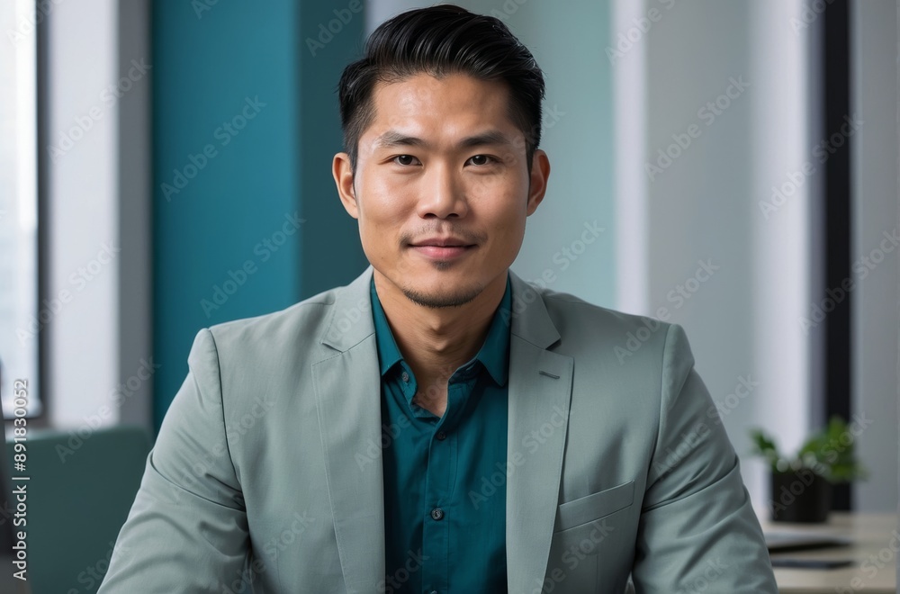 Portrait of confident young Asian man dressed in light gray suit with teal shirt looking at camera Portrait of confident young Asian man dressed in light gray suit with teal shirt looking at camera