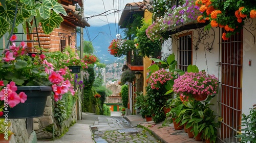 Fototapeta Naklejka Na Ścianę i Meble -  A picturesque street in Medellín adorned with hanging flower baskets