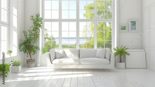A bright white living room with a sofa and a summer landscape visible through the window. Scandinavian interior design. 3D illustration. 