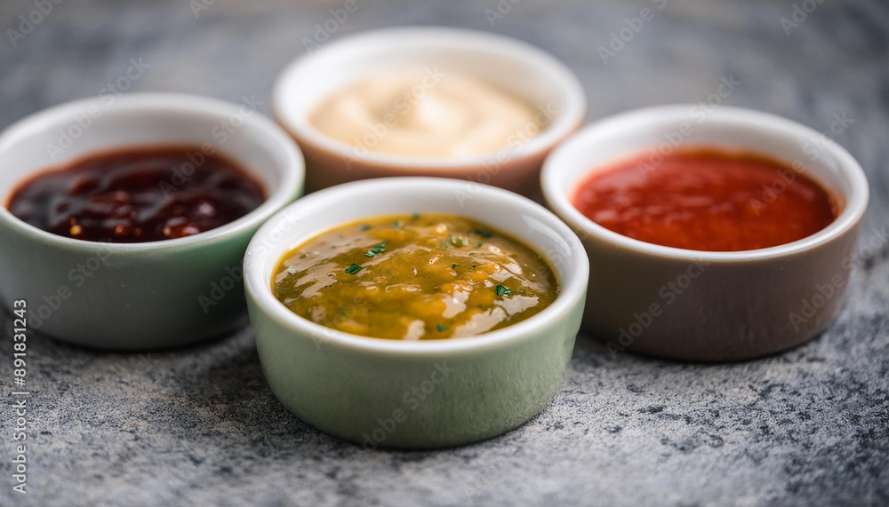 Dipping sauces in small ceramic bowls on stone table. Homemade sauces for food. Close-up. Dipping sauces in small ceramic bowls on stone table. Homemade sauces for food. Close-up.