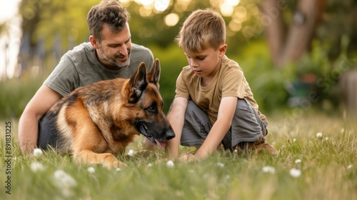 A father and son interacting playfully with a German Shepherd dog outdoors in a sunny garden, showcasing joyful family moments. photo