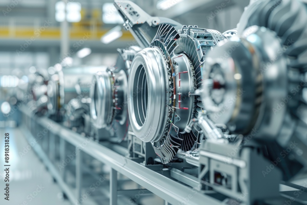 Fototapeta premium Aerospace Manufacturing Equipment - Detailed View of Turbine Engines for Industrial Design